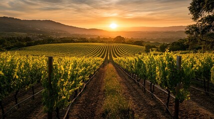 Fototapeta premium A sunrise over a vineyard with the early morning light highlighting the rows of grapevines and creating a warm, inviting glow across the landscape.
