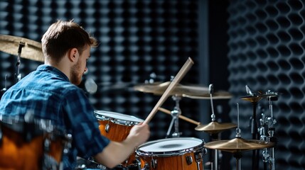 A man is playing drums in a room with a black background