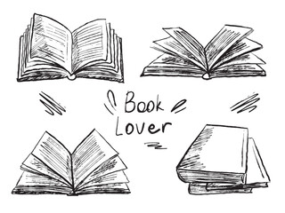 Reading process. Opened book, stack of books in black brush stroke texture. Hand drawn vector sketch illustration in vintage charcoal ink style. Fantasy, history, Sci-fi, literature. Book lover