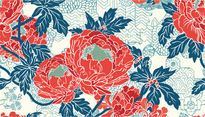 Peony flowers vector illustration, traditional Japanese fabric motifs, patchwork background, seamless pattern, floral design, Japanese style, ornamental flowers, textile patterns © aura studio