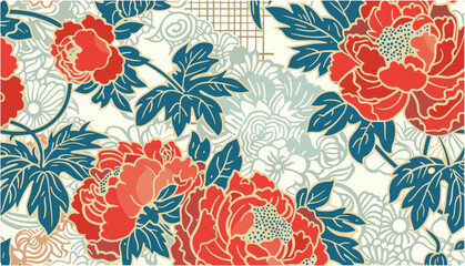 Peony flowers vector seamless pattern, traditional Japanese fabric motifs, patchwork background, floral design, Asian textile patterns, Japanese artwork, peony blossom © aura studio