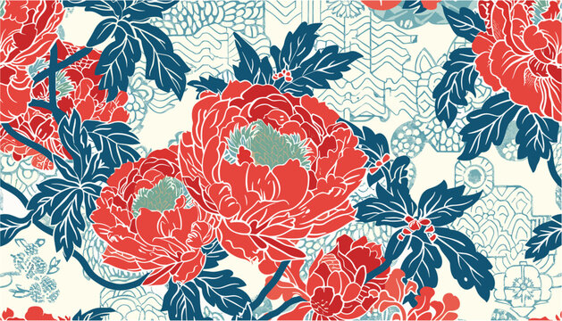 Peony flowers vector illustration, traditional Japanese fabric motifs, patchwork background, seamless pattern, floral design, Japanese style, ornamental flowers, textile patterns