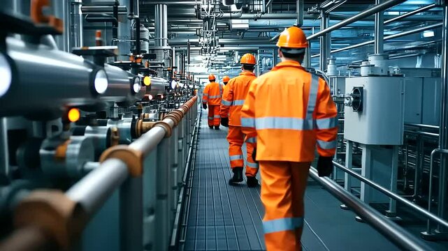 Workers walking through a narrow corridor of closely packed gas pipelines, the refinery's steel framework and blinking control panels adding to the sense of industrial precision