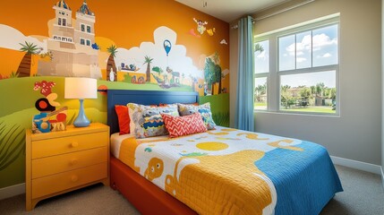 A vibrant and playful children's bedroom, featuring a themed bedspread, colorful wall decals, and fun, interactive decor that appeals to kids.