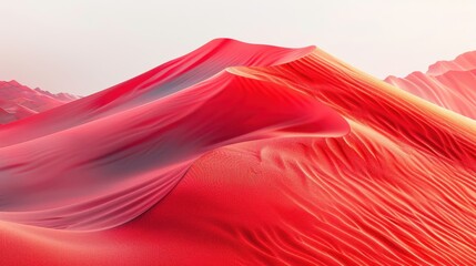 Vibrant red sand dunes under a soft sky, capturing the serene beauty of desert landscapes at dusk