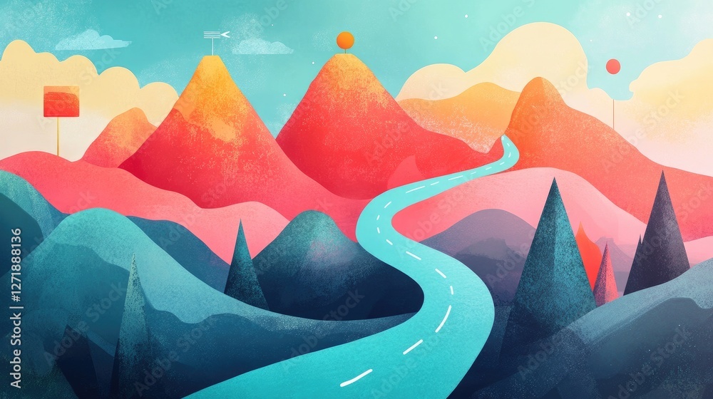 Poster a visual representation of a goal-setting journey with a path marked by milestones and checkpoints, 
