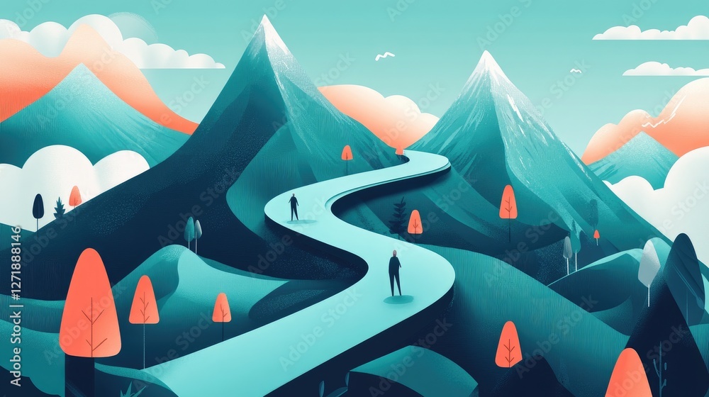 Poster a visual representation of a goal-setting journey with a path marked by milestones and checkpoints, 