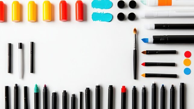 Creative workspace arrangement with colorful markers and art supplies