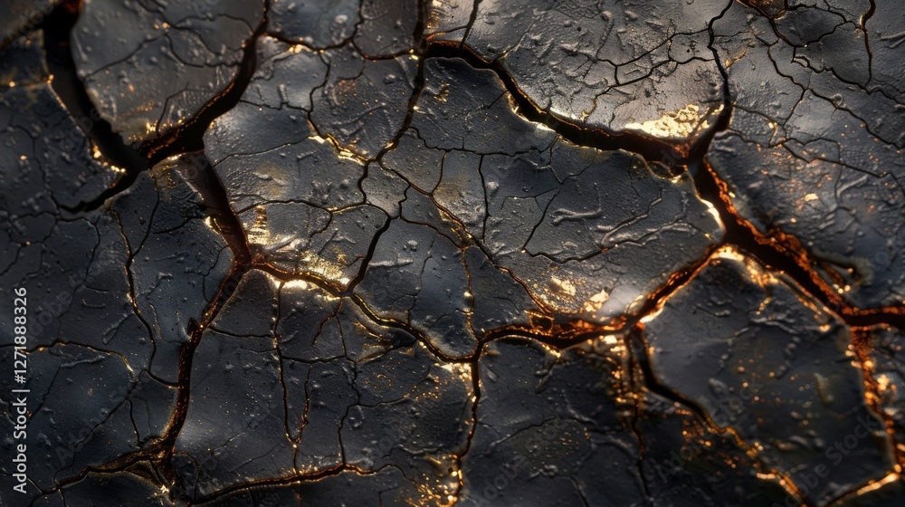 Poster A close up view reveals a unique cracked surface with intricate lines and golden highlights, illuminated gently by soft light, creating a stunning visual texture.
