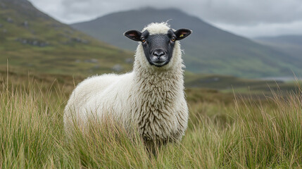 Fototapeta premium A woolly sheep standing in tall grassy meadows, gazing towards the camera, showcasing the calmness and natural beauty of pastoral landscapes.