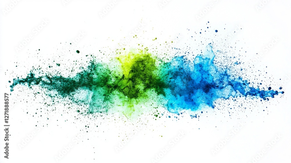 Poster swirls of green and blue dance across a stark white background, forming an abstract composition. the
