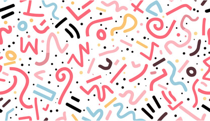 Colorful geometric pattern, seamless vector illustration, Memphis style, pink background, abstract texture, trendy design, modern fashion, hipster art, creative wallpaper