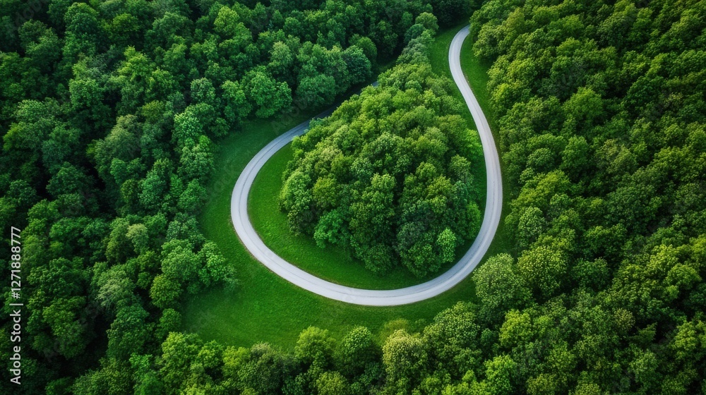 Poster a winding road through a forest with trees on both sides