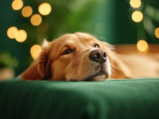 Sleepy Golden Retriever Dog Resting Head on Green Blanket With Bokeh Lights Background Holiday...