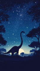 Silhouette of a long necked dinosaur under a starry sky