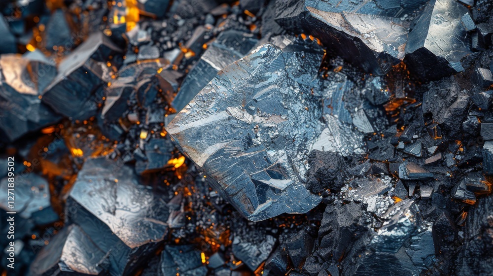 Aufkleber A collection of striking crystalline minerals is shown, featuring sharp angles and shiny surfaces, with warm light enhancing the natural beauty and complexity of the formations.