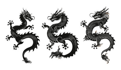Four Chinese dragons, black and gold, zodiac symbols, New Year 2024, Asian vintage style, holiday posters, festive banners, dragon design elements, Asian culture, celebration