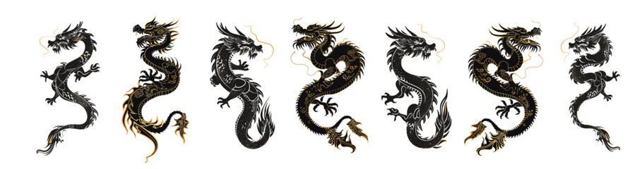 Chinese dragons, black and gold, New Year 2024, vintage Asian zodiac, set of four, holiday banners, New Year symbols, traditional dragon design, festive decorations, poster elements