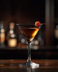 Crafting a manhattan cocktail with rye whiskey and sweet vermouth bar setting beverage elegant atmosphere