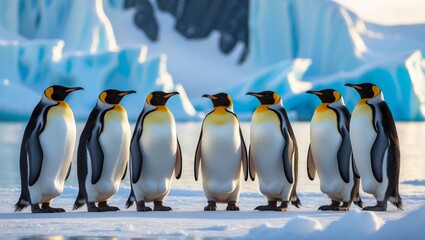Obraz premium Group of emperor penguins standing together on the ice in the Antarctic during a sunny winter day
