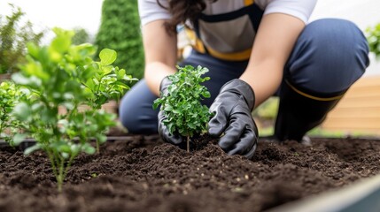 A woman is planting a small plant in the dirt