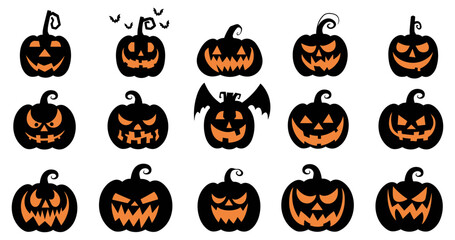 Set of Halloween pumpkins, spooky pumpkins cut, creepy Halloween pumpkin lanterns, carved pumpkin faces, scary pumpkin decoration, Halloween spooky carved pumpkins