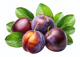 Fresh Ripe Plums with Green Leaves - Aerial View, Isolated on White Background