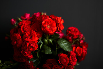 Vibrant red roses in a clear glass vase against a deep black background, creating a striking contrast of color and elegance.