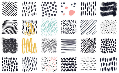 Vector illustration set, hand drawn patterns, ink, pencil, brush textures, geometric doodle shapes, spots, dots, circles, strokes, stripes, lines, creative abstract design