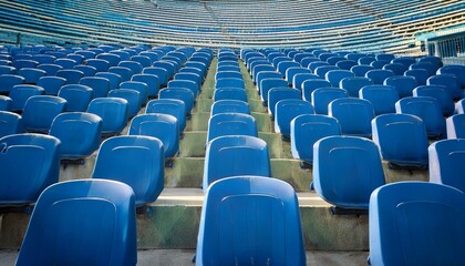 Fototapeta premium Blue seats in an outdoor stadium, rows of seats, advertising photography. Generated image
