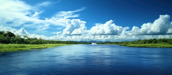 A Gorgeous Landscape featuring a River with Trees and a Stunning Blue Sky