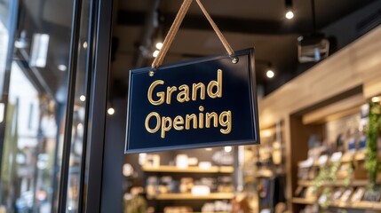 A sign hanging from a window that says Grand Opening