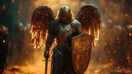 Winged Knight, fiery battle, fantasy art
