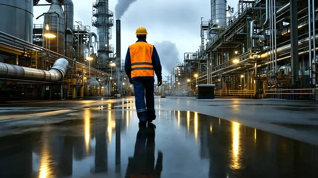 A lone factory worker walking through an expansive refinery, dwarfed by towering gas pipelines and massive storage tanks under the glow of industrial floodlights
