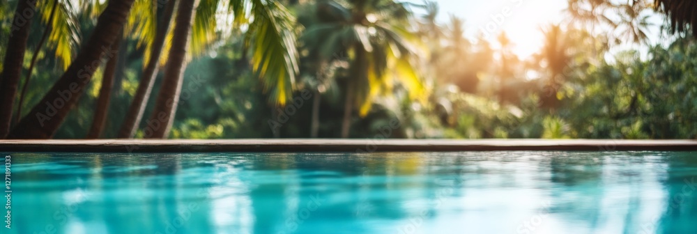 Poster tranquil blue water of an infinity pool blends seamlessly with the blurred backdrop of lush tropical