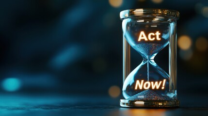 A glass hourglass with the words "act now!" written on it