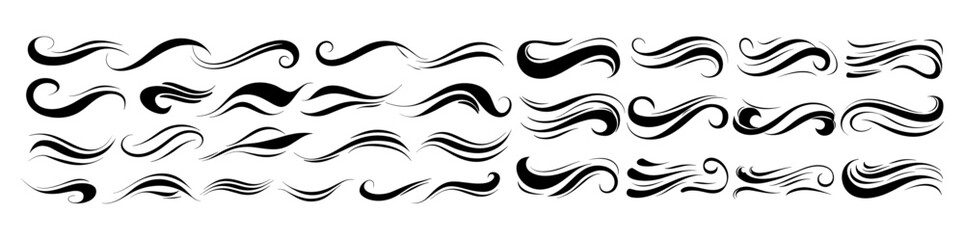 Vector illustration sports swash tails, retro baseball swoosh, calligraphic swirl, hand-drawn curly swishes, athletics logo typography, football underline wave, typographic elements.