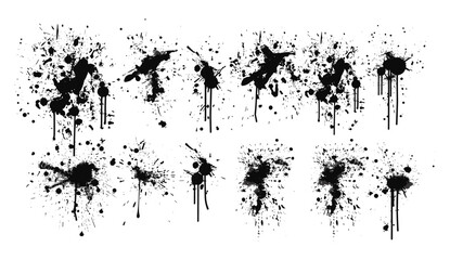 Obraz premium Spray paint drips, inky blots, splashes, black splatters, graffiti inkblot spots, dusty speckle effect, white background, paintbrush splotch, ink drop, liquid blob, grunge splash stains