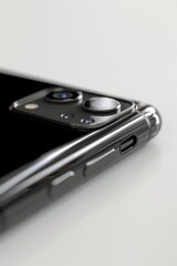 Premium Smartphone Camera Module Closeup Detail Shot with Multiple Lenses and Metal Frame on White Background, Technology Photography