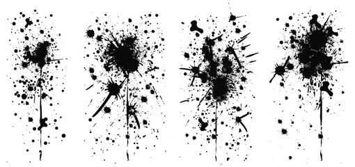 Inky splashes, spray paint drips, black splatters, graffiti inkblot spots, dusty speckle, white background, paintbrush splotch, ink drop, liquid blob, dirty grunge splash stains
