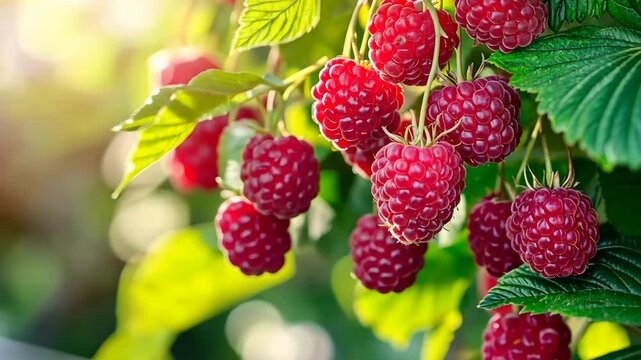 Raspberry. Big ripe raspberries cluster on a blurred green background. Red sweet berries growing on raspberry bush in fruit garden in nature. Many crimson fresh raspberries. Abundance. Summer Harvest.