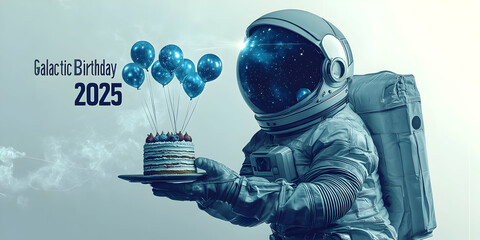 Celebrate a galactic birthday in space with astronauts, a colorful cake, and floating balloons featuring the year 2025