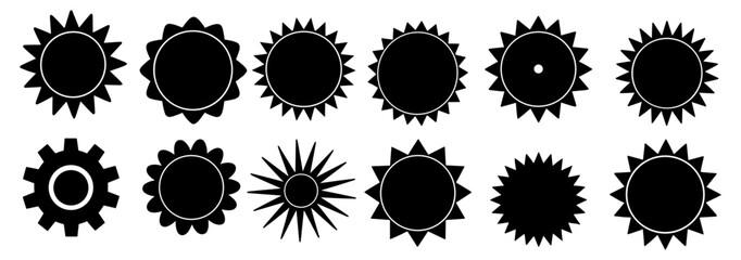 Retro sale stickers, black wavy edge circle, starburst badge, promotional label, discount tags, special offer design, vintage price promo, sunburst callouts, emblems