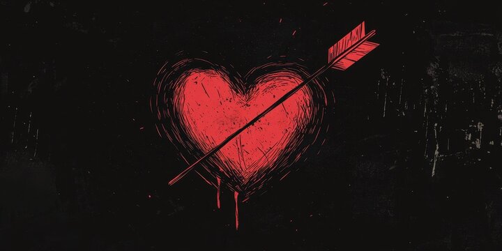 Red heart pierced by arrow on dark grunge background