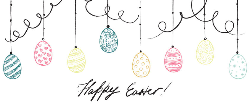 Happy Easter background. Easter holiday greeting card design. Easter eggs on strings in brush stroke texture isolated on white . Hand drawn vector sketch illustration in vintage charcoal ink