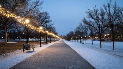 Snowy Park Path at Twilight with String Lights