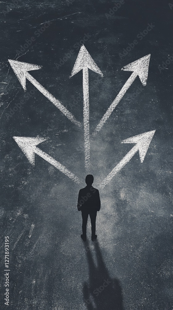 Poster Businessman standing in front of different paths, making a decision, choosing the right way between many arrows drawn on the road, job insecurity and fear of better option concept