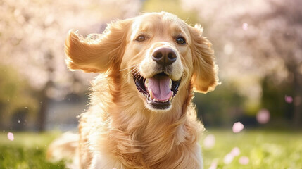Playful Retriever in a Blooming Park