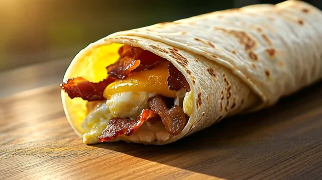 A neatly styled breakfast wrap with eggs, bacon, and cheese, against a clean and brightly lit background