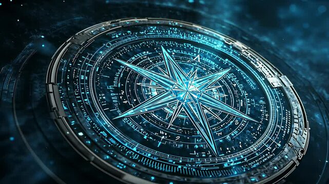 Stunning futuristic compass design with vibrant blue energy effects in a digital universe